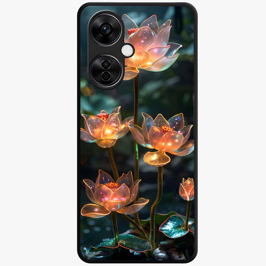 Celestial Lotus Light Glass Case for 1+Nord CE 3 Lite peaceful front view featuring glowing lotus artwork with cosmic backdrop