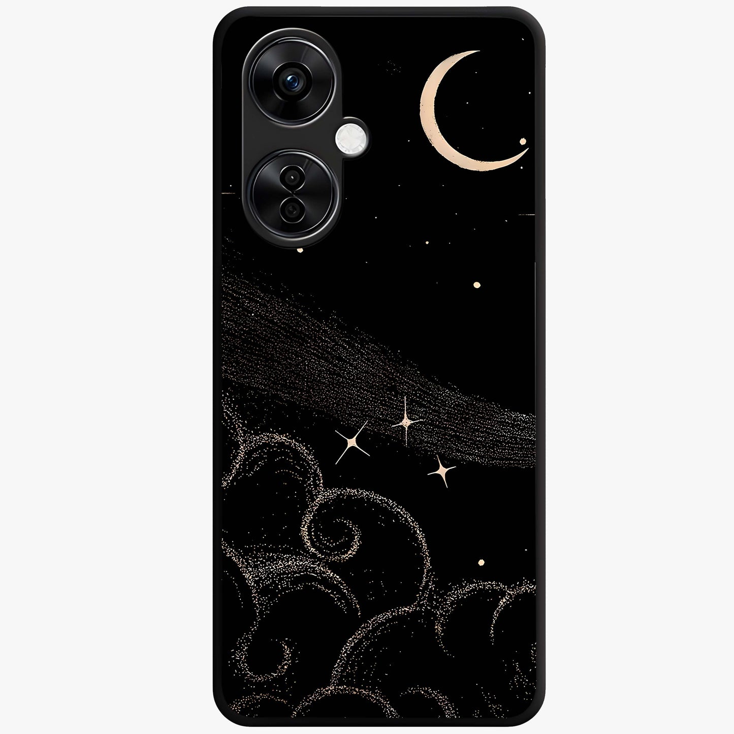 Celestial Midnight Veil Glass Case for 1+Nord CE 3 Lite dramatic front view featuring deep midnight sky artwork