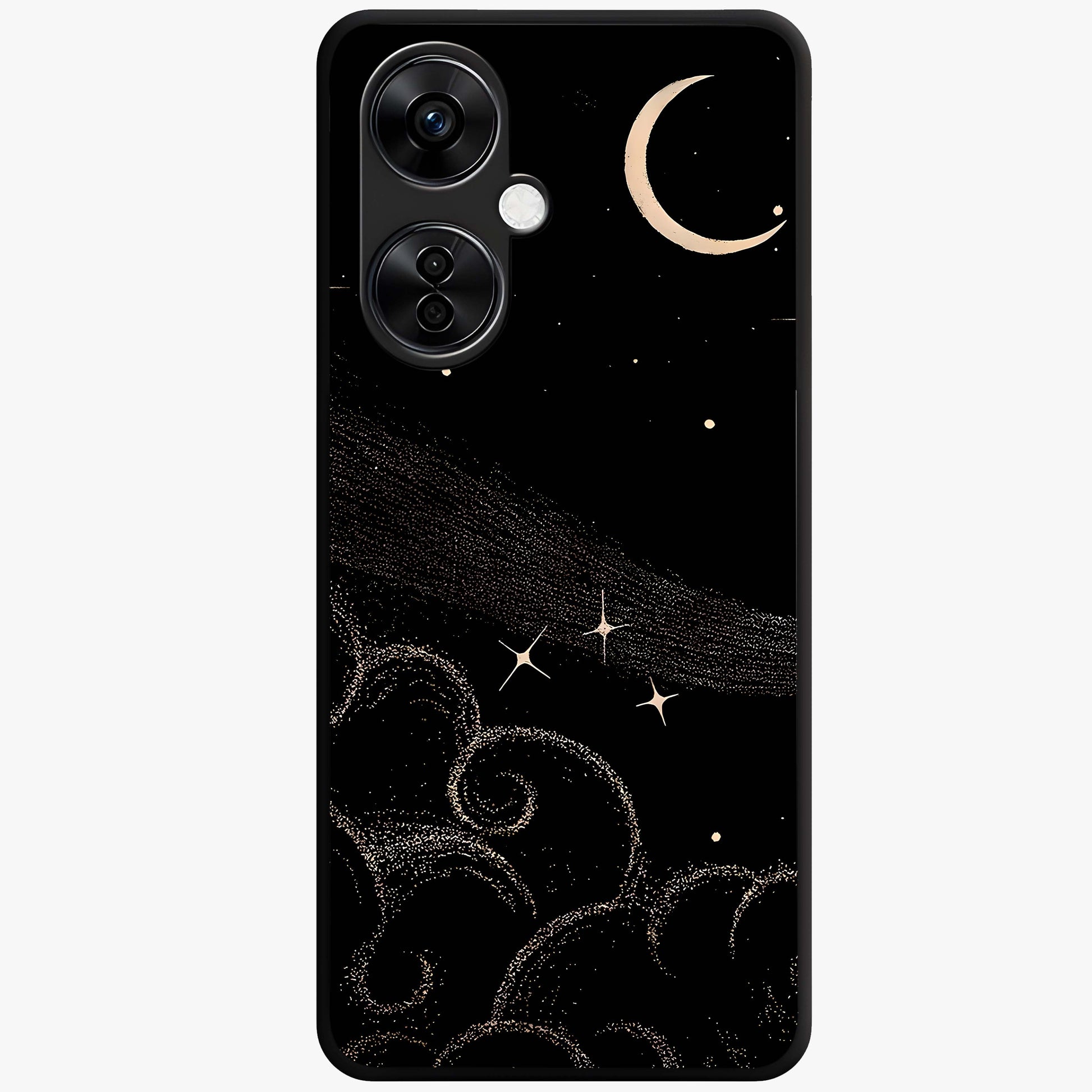 Celestial Midnight Veil Glass Case for 1+Nord CE 3 Lite dramatic front view featuring deep midnight sky artwork