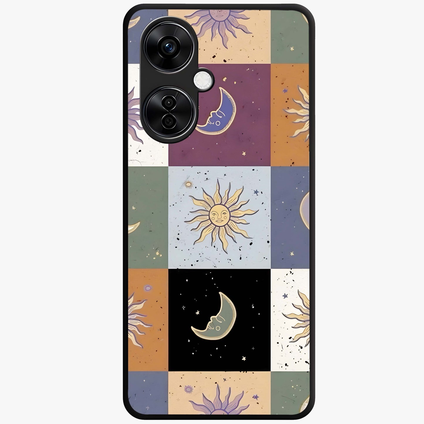 Celestial Patchwork Dreams Glass Case for 1+Nord CE 3 Lite dreamy front view featuring patchwork style cosmic artwork