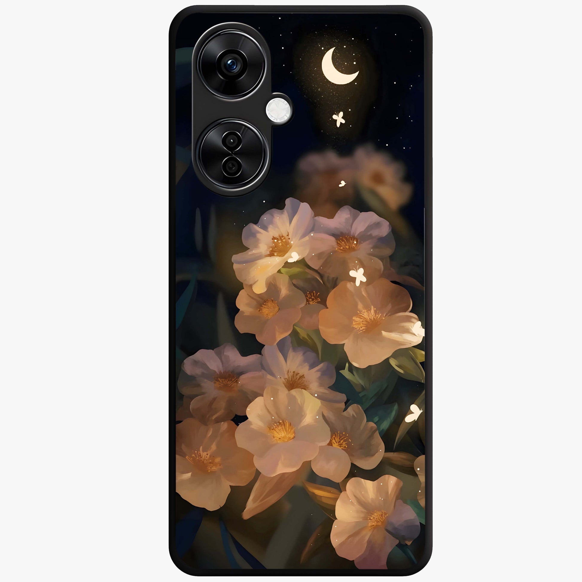 Celestial Petal Night Glass Case for 1+Nord CE 3 Lite elegant front view featuring floral petals against dark night sky tones