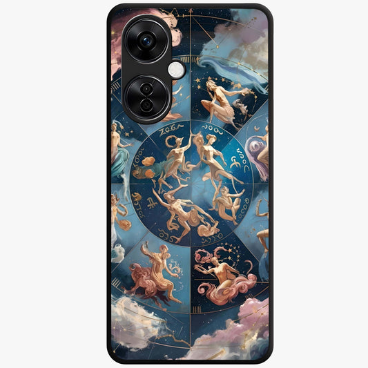 Celestial Signs Dance Glass Case for 1+Nord CE 3 Lite artistic front view featuring zodiac inspired celestial symbol artwork