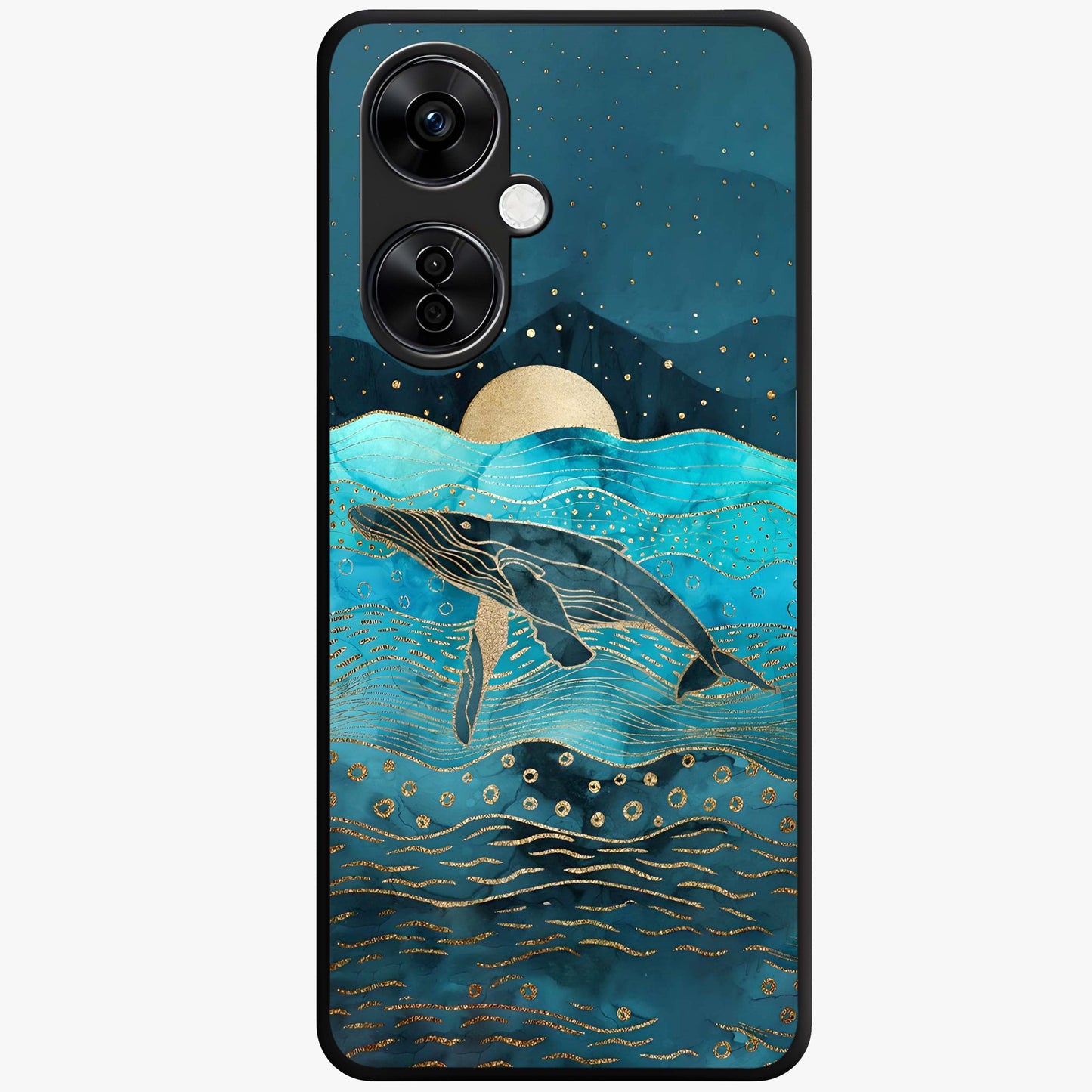 Celestial Whale Voyage Glass Case for 1+Nord CE 3 Lite dreamy front view featuring whale artwork against cosmic sky backdrop