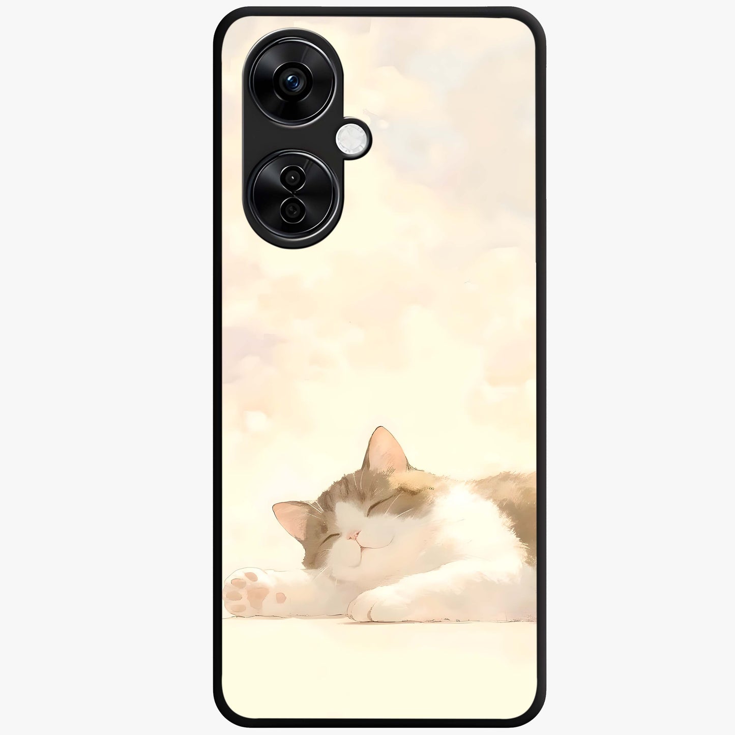 Cloud Nap Cat Glass Case for 1+Nord CE 3 Lite adorable front view featuring cute sleeping cat artwork on soft cloud background