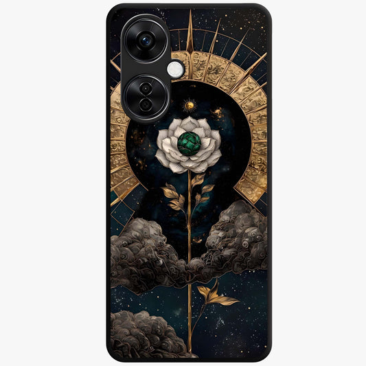 Cosmic Bloom Rose Glass Case for 1+Nord CE 3 Lite elegant front view featuring rose artwork blended with cosmic background