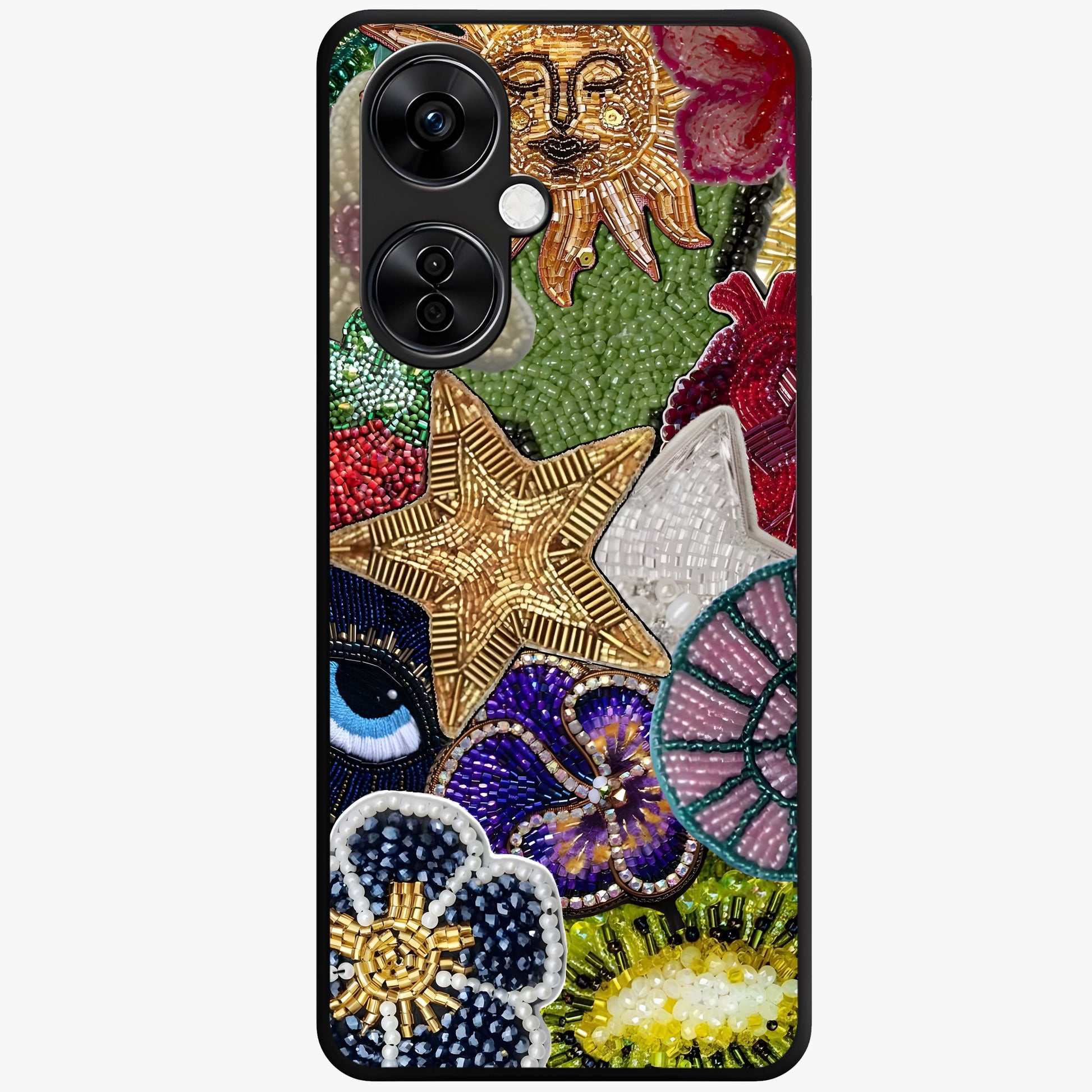 Cosmic Charm Shine Glass Case for 1+Nord CE 3 Lite radiant front view featuring shimmering celestial artwork