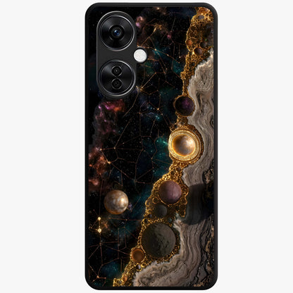 Cosmic Gold Path Glass Case for 1+Nord CE 3 Lite luxurious front view featuring golden pathway artwork against cosmic backdrop