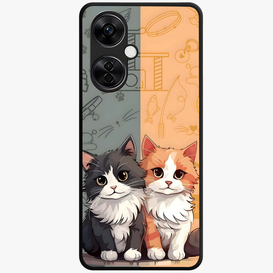 Cozy Cat Duo Glass Case for 1+Nord CE 3 Lite adorable front view featuring two cats in warm aesthetic artwork