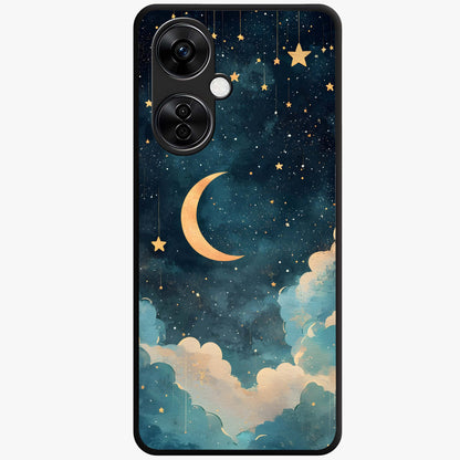 Crescent Galaxy Moon Glass Case for 1+Nord CE 3 Lite mystical front view featuring crescent moon artwork with cosmic background