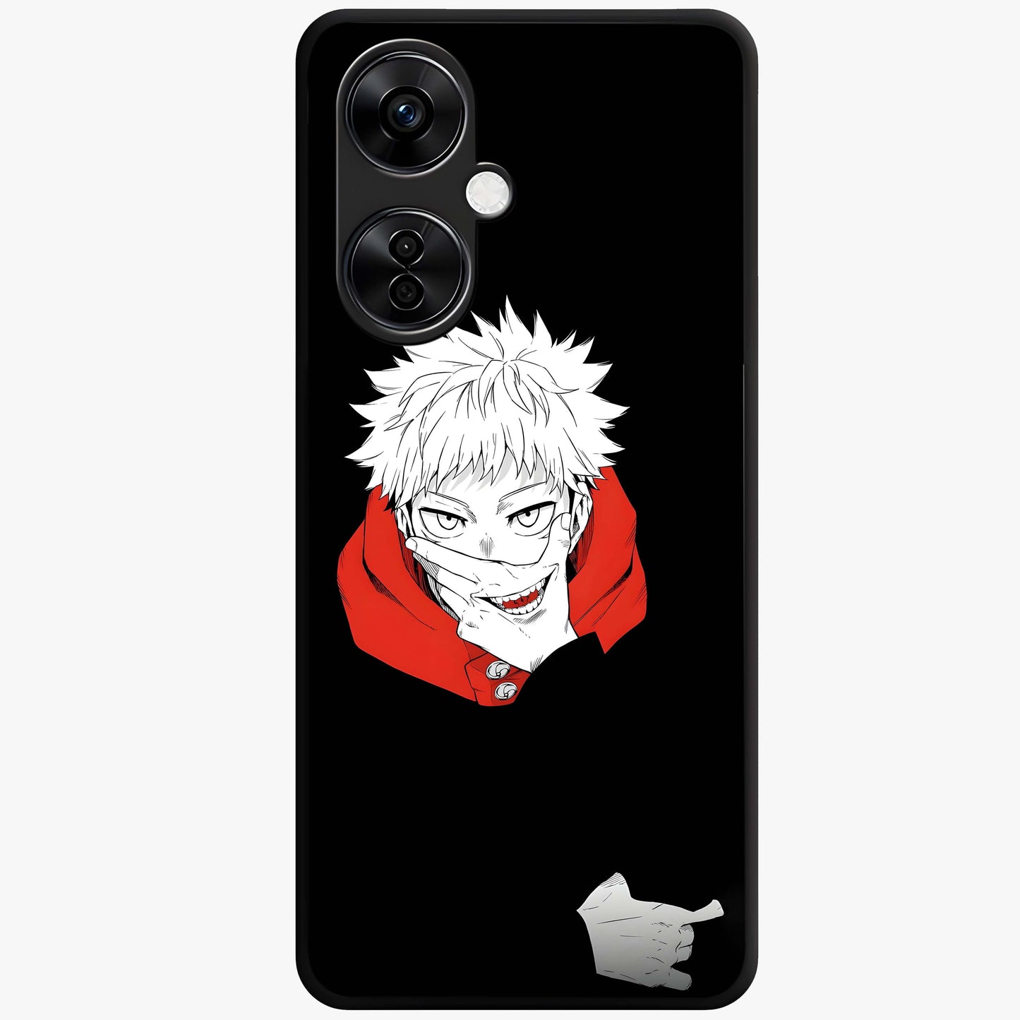 Crimson Chaos Smile Glass Case for 1+Nord CE 3 Lite bold front view featuring edgy smile artwork in deep crimson tones