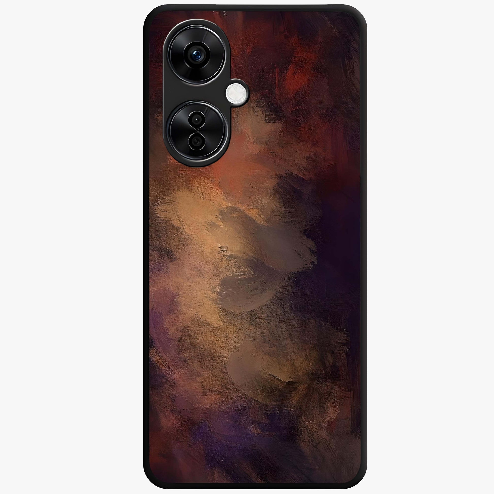 Crimson Dusk Whirl Glass Case for 1+Nord CE 3 Lite dramatic front view featuring swirling dusk inspired crimson artwork