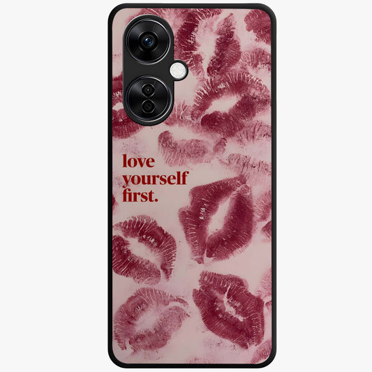 Crimson Kiss Love Glass Case for 1+Nord CE 3 Lite romantic front view featuring bold crimson love inspired artwork