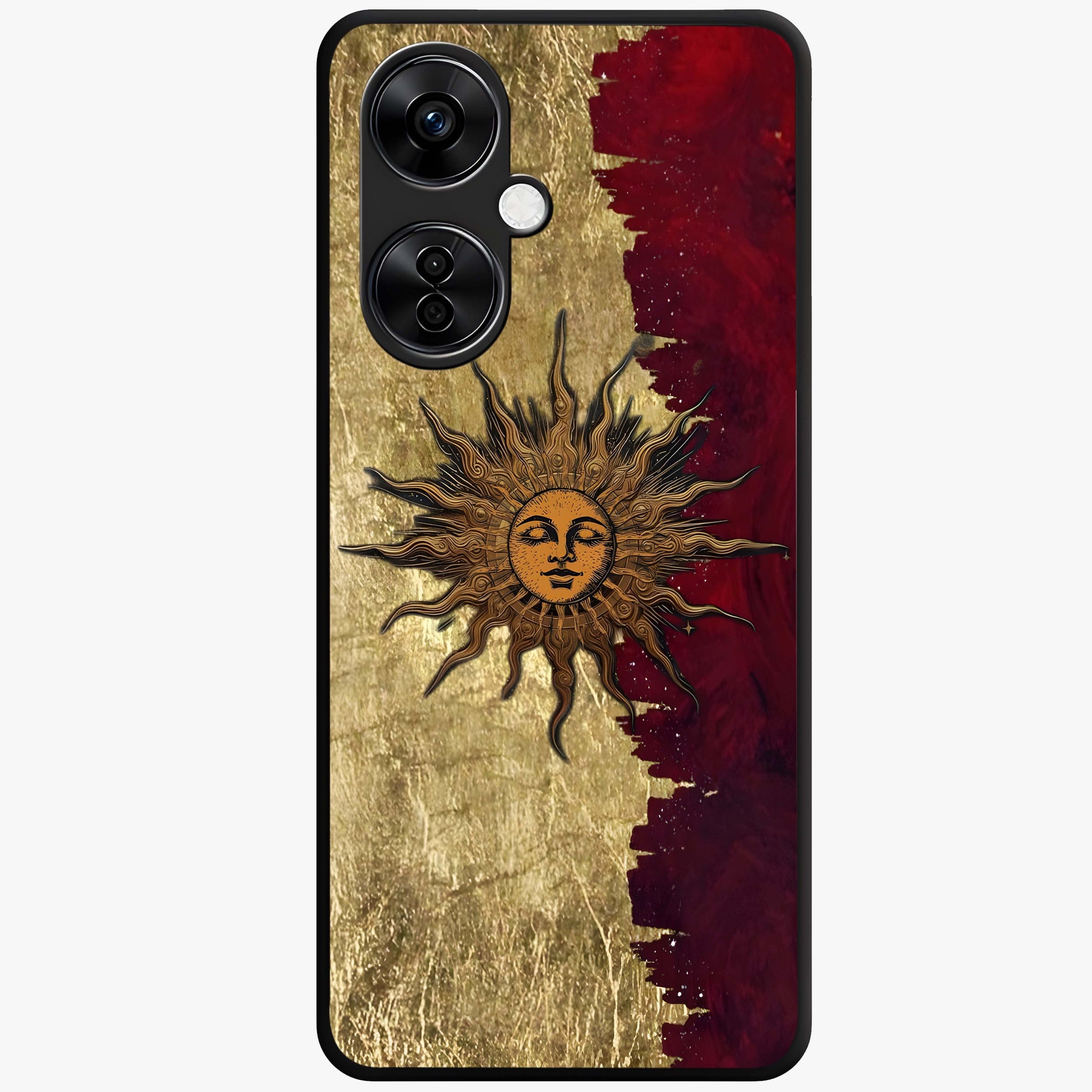 Crimson Sun Majesty Glass Case for 1+Nord CE 3 Lite radiant front view featuring glowing sun artwork in deep red hues