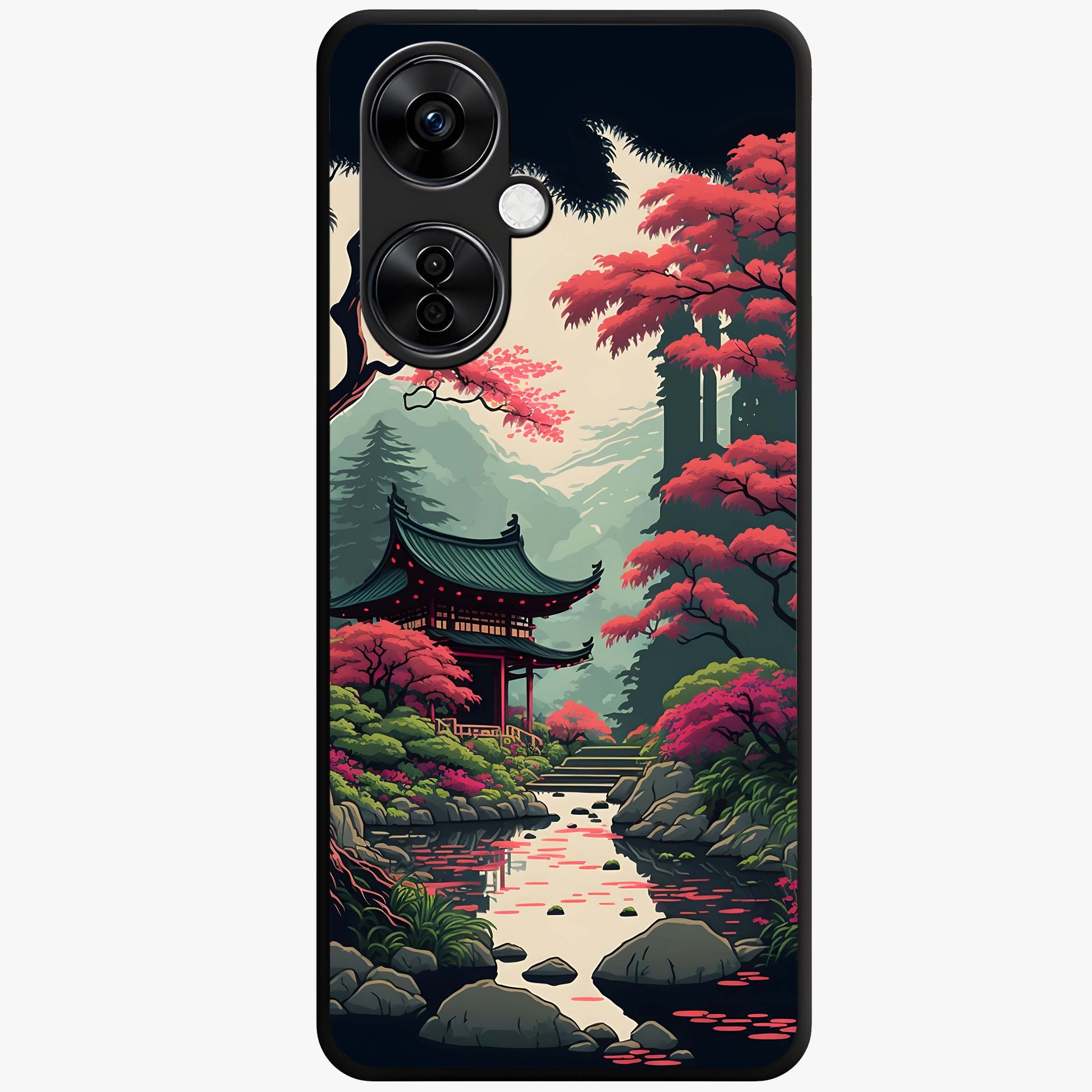 Crimson Temple View Glass Case for 1+Nord CE 3 Lite scenic front view featuring temple artwork under crimson sky