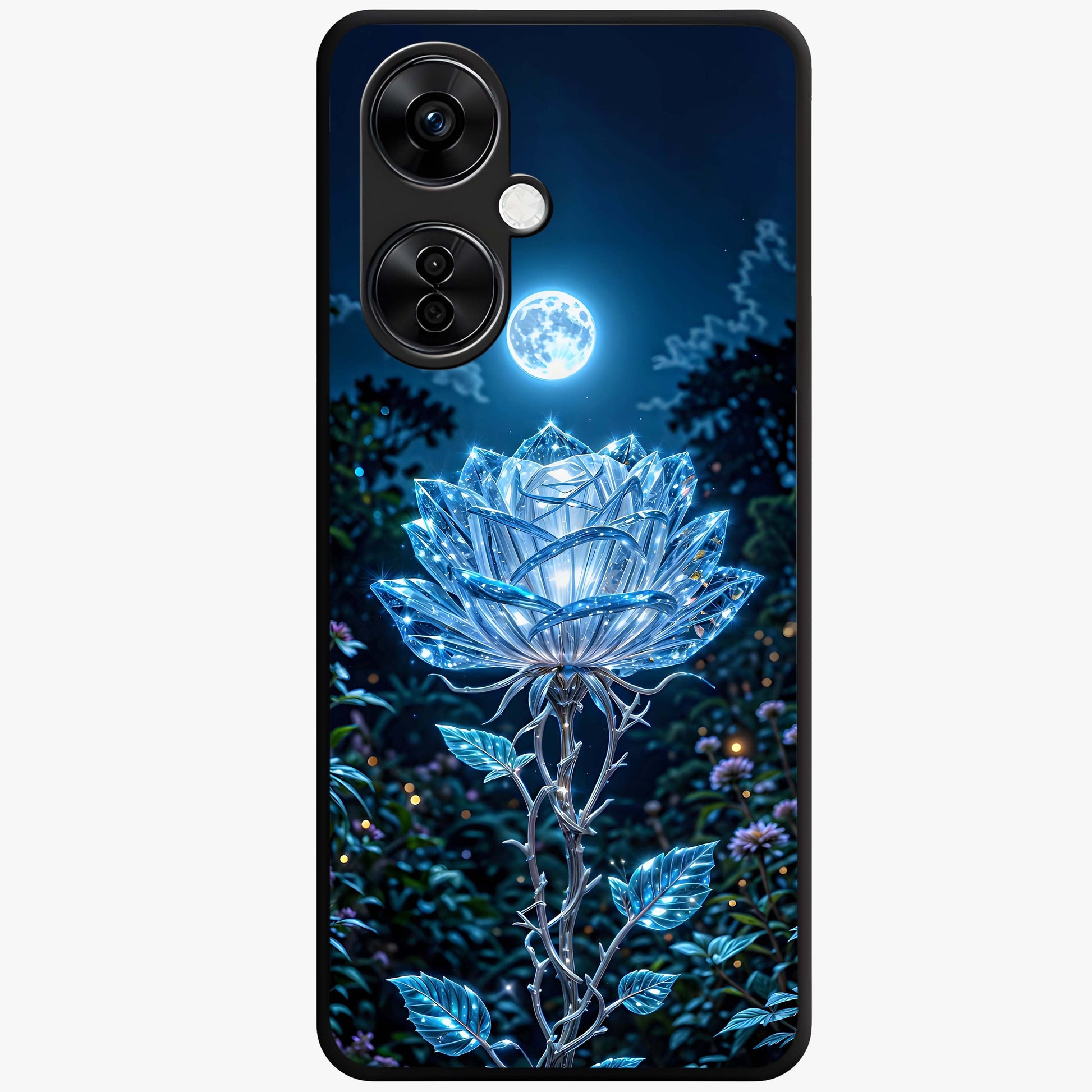 Crystal Moon Lotus Glass Case for 1+Nord CE 3 Lite serene front view featuring glowing lotus artwork under crystal moonlight