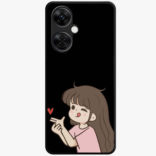 Cute Girl Firing Heart Glass Case for 1+Nord Ce 3 Lite charming front view featuring animated heart themed artwork
