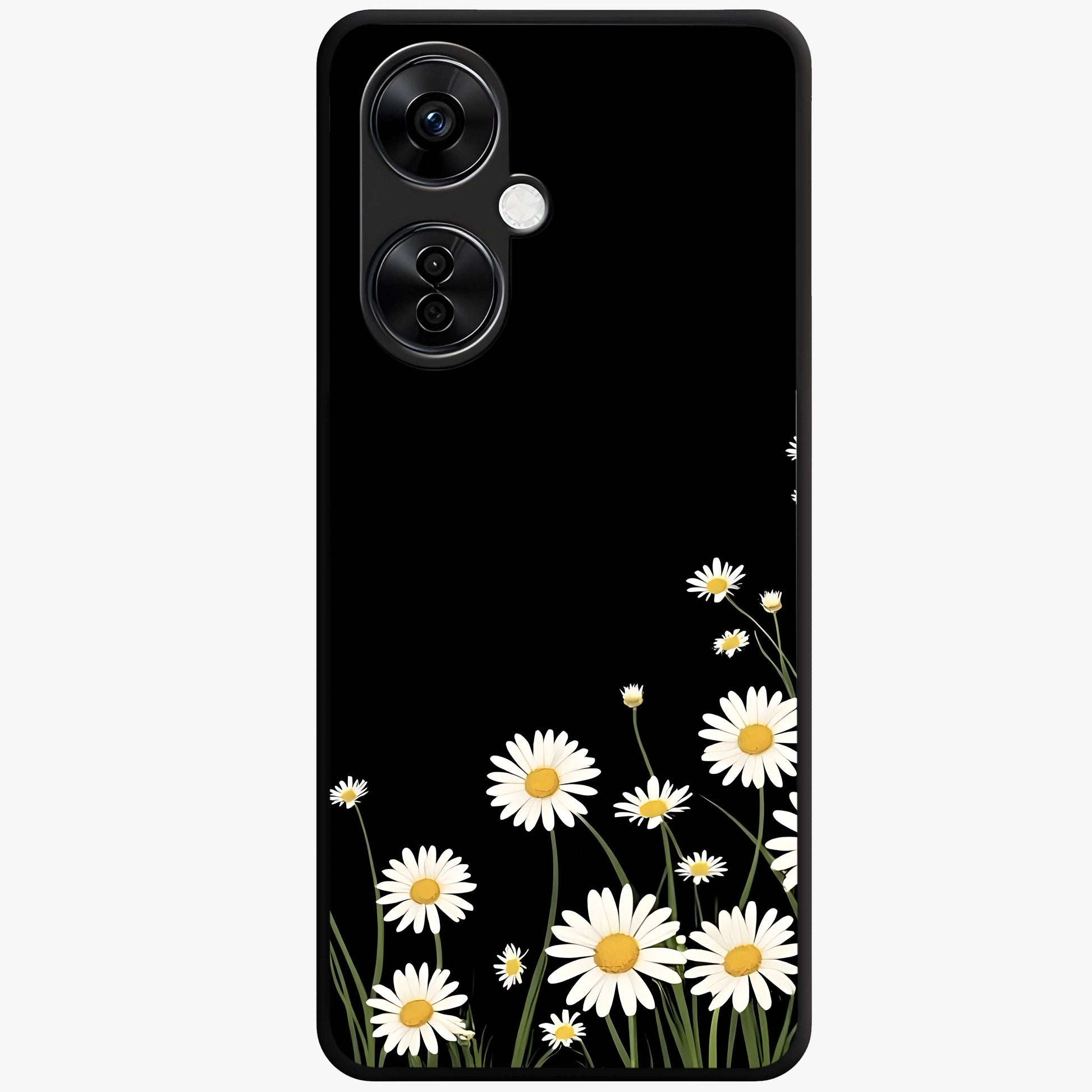 Daisy Cascade on Black Glass Case for 1+Nord CE 3 Lite elegant front view featuring white daisy artwork on deep black background