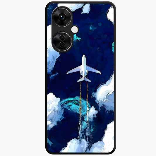 Dark Airplane Glass Case for 1+Nord CE 3 Lite bold front view featuring airplane silhouette artwork on dark background