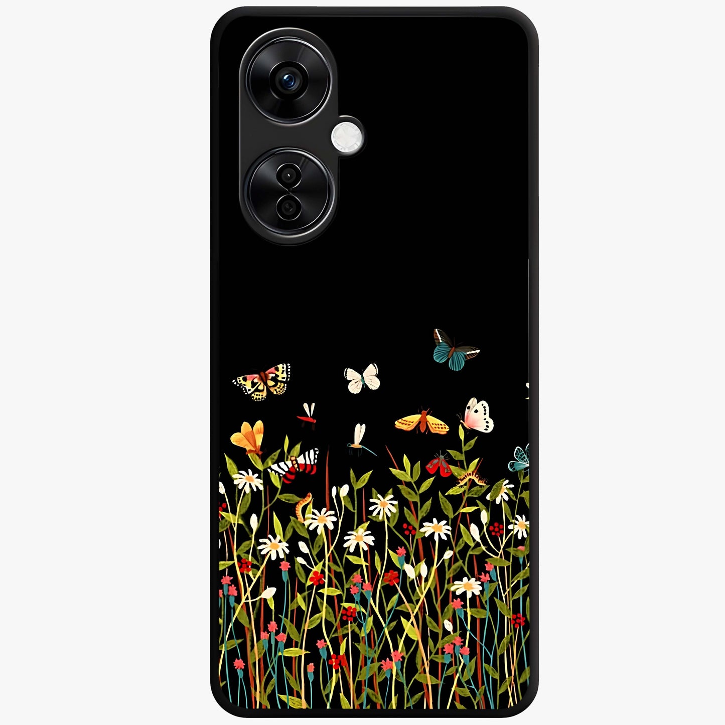 Dark Bloom Wonderland Custom Name Glass Case for 1+Nord CE 3 Lite striking front view featuring dark floral artwork with personalized name design
