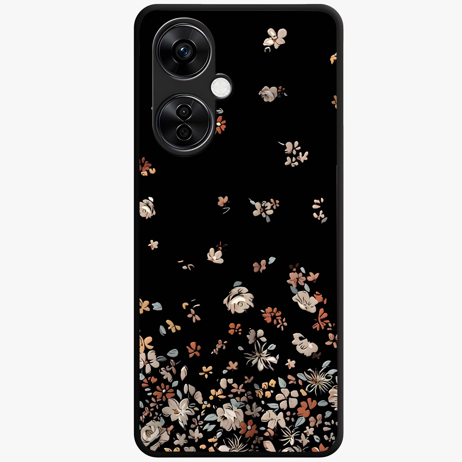 Dark Petal Aesthetic Glass Case for 1+Nord CE 3 Lite elegant front view featuring moody floral artwork with deep tones