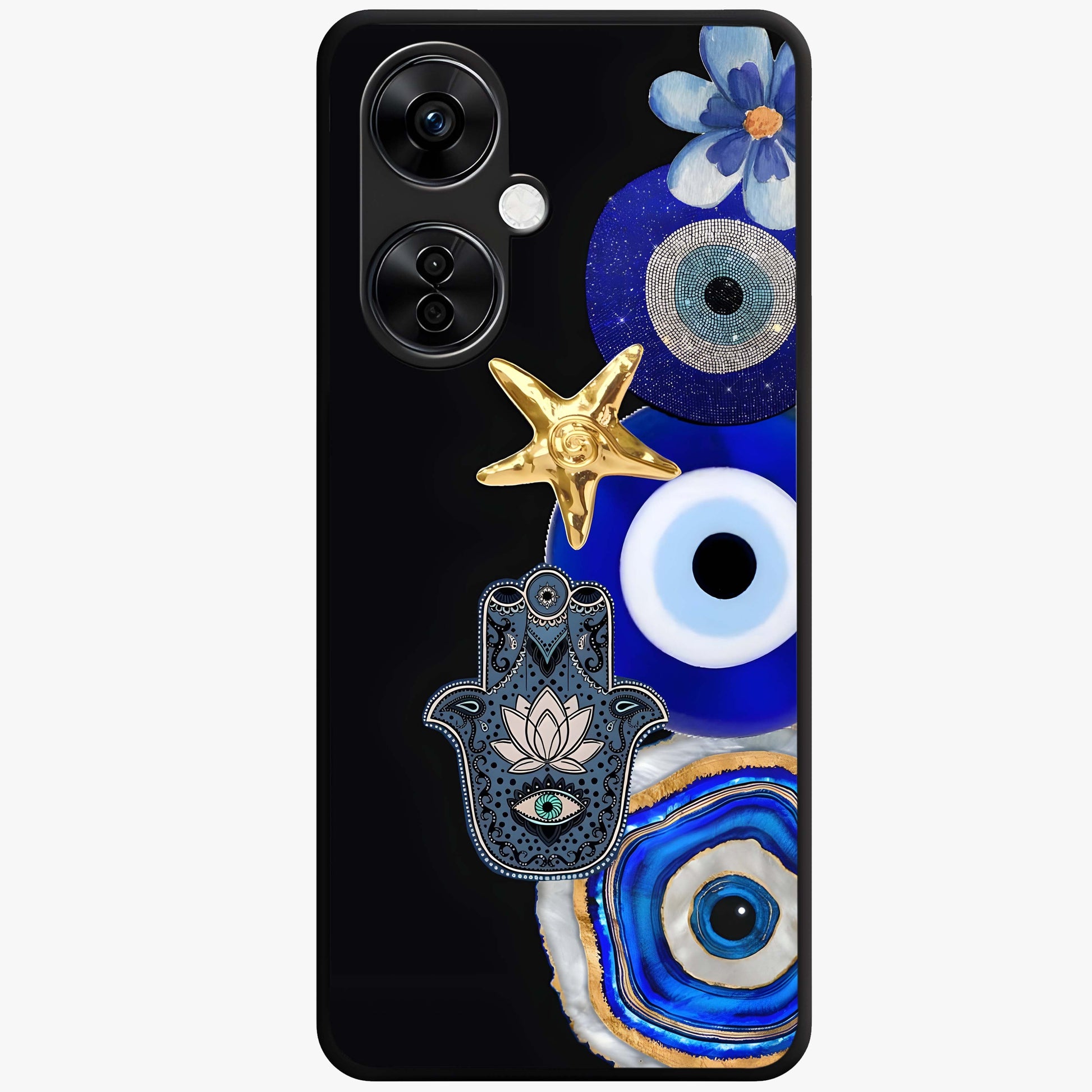 Divine Eye Bloom Glass Case for 1+Nord CE 3 Lite artistic front view featuring floral evil eye inspired artwork