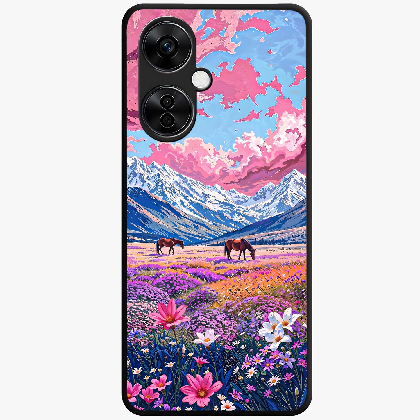 Dreamy Floral Pastures Glass Case for 1+Nord CE 3 Lite soft front view featuring pastel floral meadow artwork