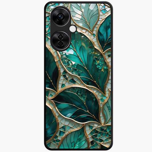 Emerald Leaf Glass Case for 1+Nord CE 3 Lite minimalist front view featuring elegant green leaf artwork