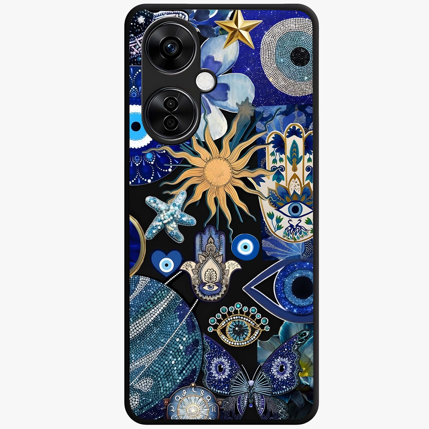 Evil Eye Charm Mix Glass Case for 1+Nord Ce 3 Lite vibrant front view featuring multiple evil eye charm artwork