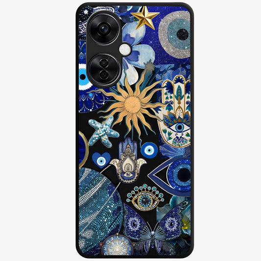 Evil Eye Charm Mix Glass Case for 1+Nord Ce 3 Lite vibrant front view featuring multiple evil eye charm artwork