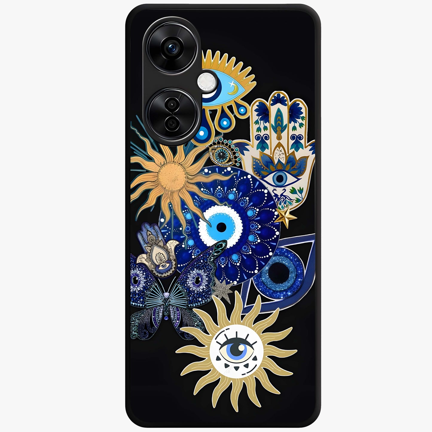 Evil Eye Charm Vibes Glass Case for 1+Nord Ce 3 Lite stylish front view featuring aesthetic evil eye inspired artwork