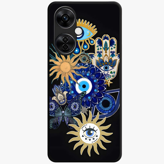Evil Eye Charm Vibes Glass Case for 1+Nord Ce 3 Lite stylish front view featuring aesthetic evil eye inspired artwork