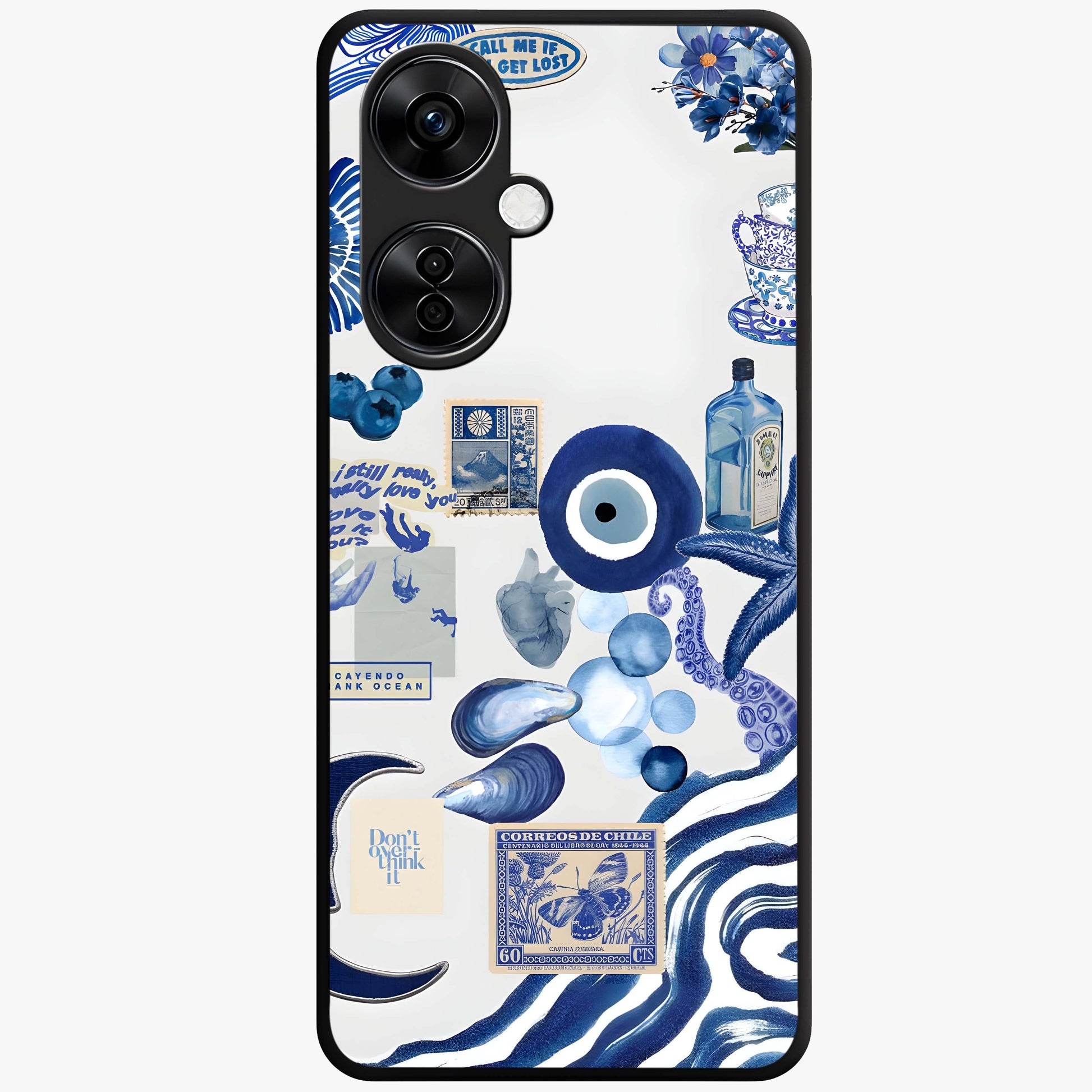 Evil Eyes Dark Blue Glass Case for 1+Nord Ce 3 Lite striking front view featuring deep blue evil eye artwork