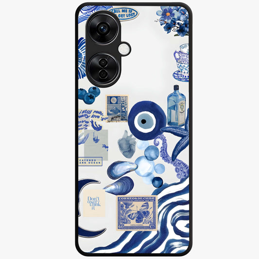 Evil Eyes Dark Blue Glass Case for 1+Nord Ce 3 Lite striking front view featuring deep blue evil eye artwork