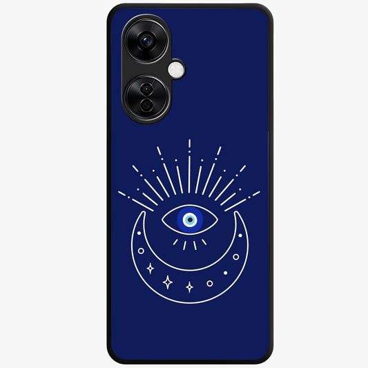 Evil Eye With Blue Themed Collage Glass Case for 1+Nord Ce 3 Lite artistic front view featuring blue collage style evil eye artwork