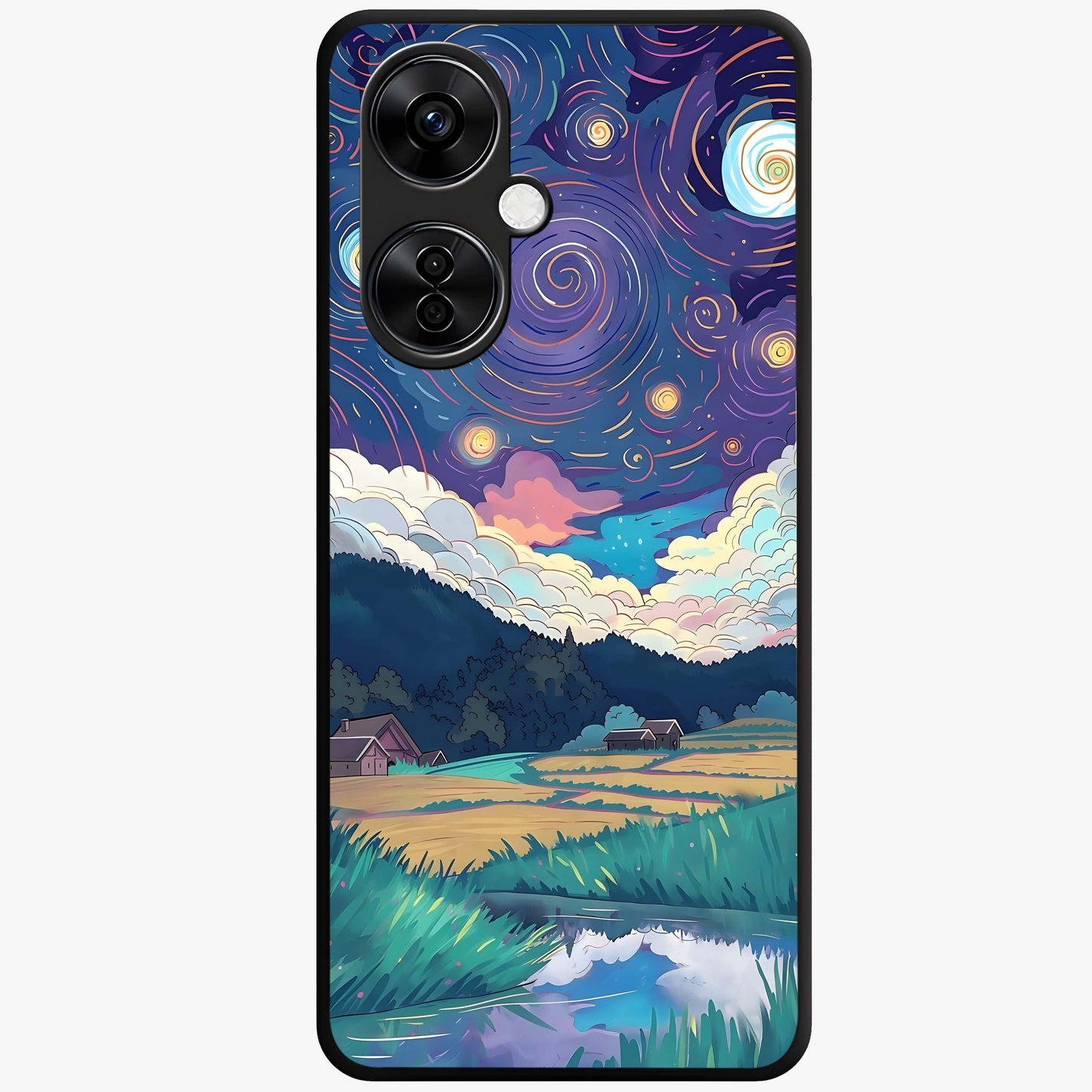 Fields Beneath the Cosmos Glass Case for 1+Nord CE 3 Lite dreamy front view featuring meadow landscape under cosmic sky