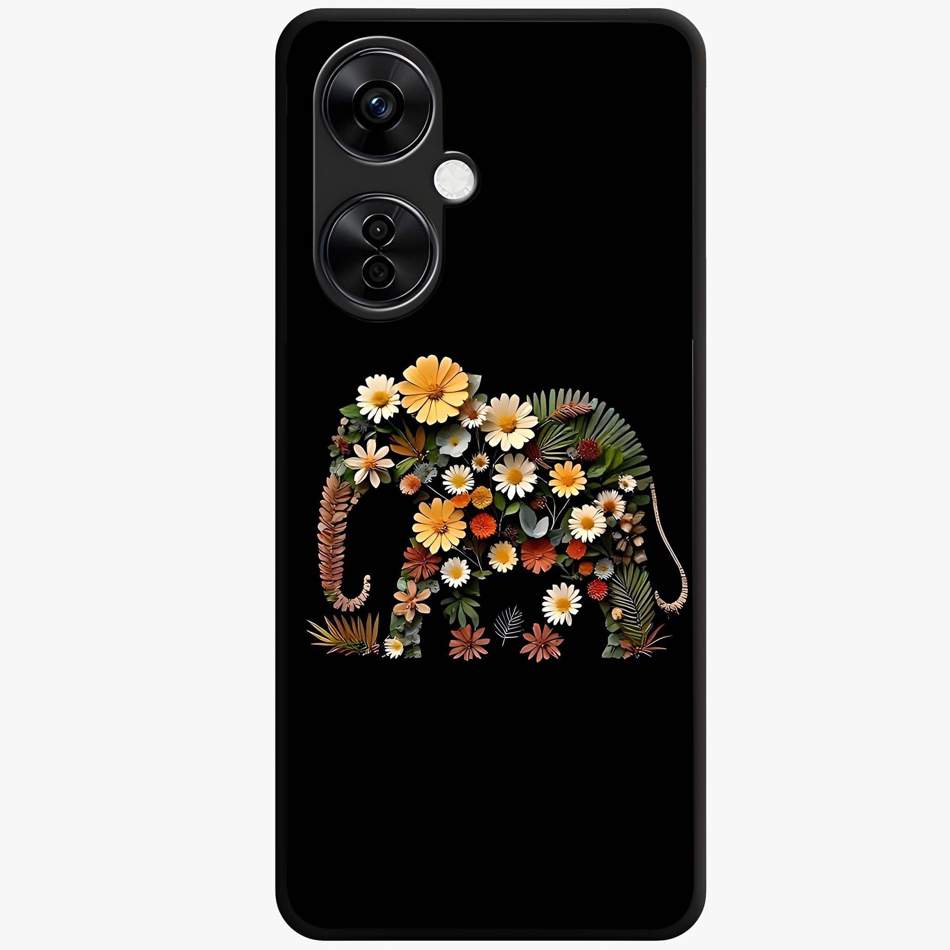 Floral Elephant Glass Case for 1+Nord CE 3 Lite artistic front view featuring elephant illustration with floral detailing