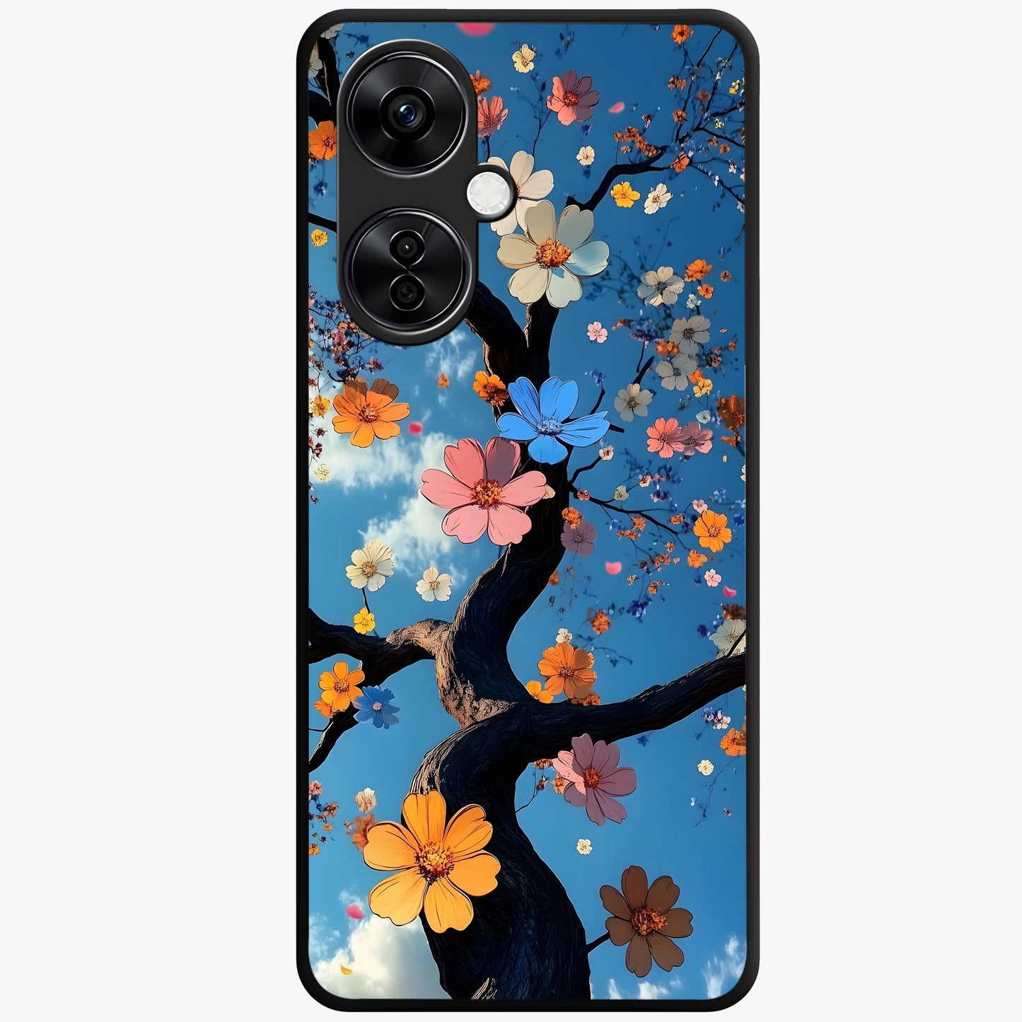 Floral Tree Glass Case for 1+Nord CE 3 Lite elegant front view featuring blooming tree artwork