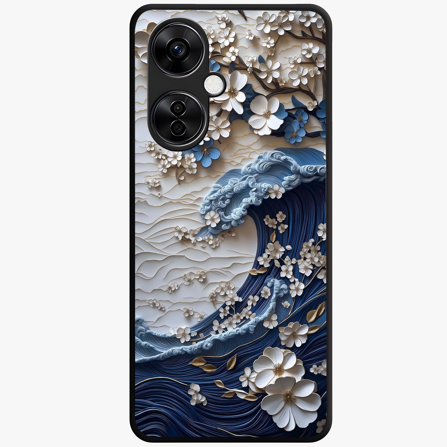 Floral Wave Origami Glass Case for 1+Nord CE 3 Lite artistic front view featuring folded origami inspired floral wave artwork