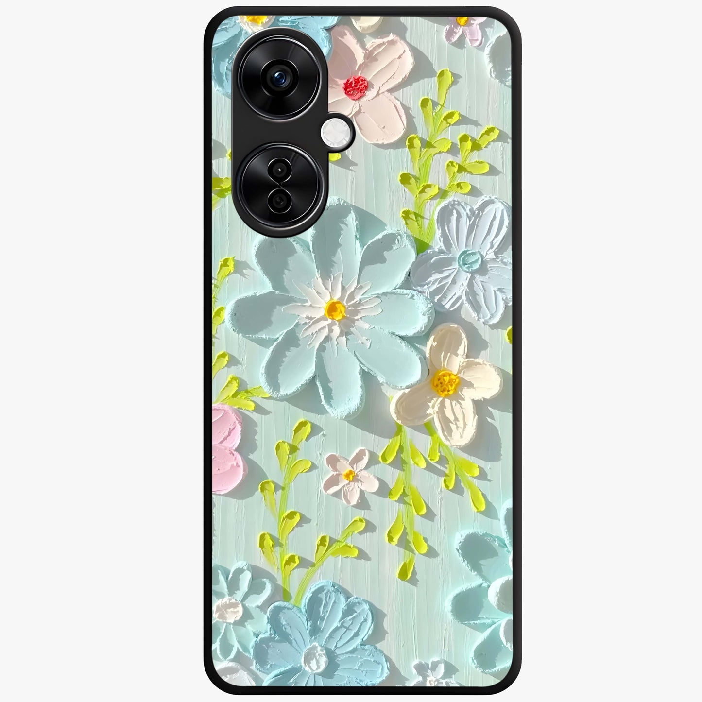 Frosted Petal Garden Glass Case for 1+Nord CE 3 Lite soft front view featuring delicate floral artwork with frosted aesthetic tones