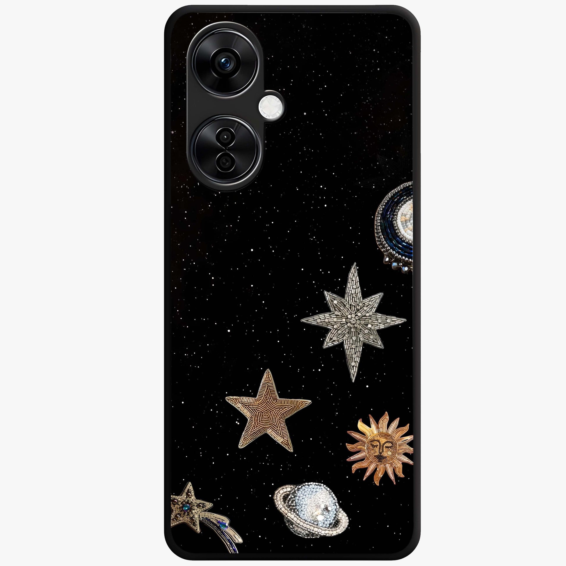 Galactic Charm Glow Glass Case for 1+Nord CE 3 Lite radiant front view featuring glowing cosmic charm artwork