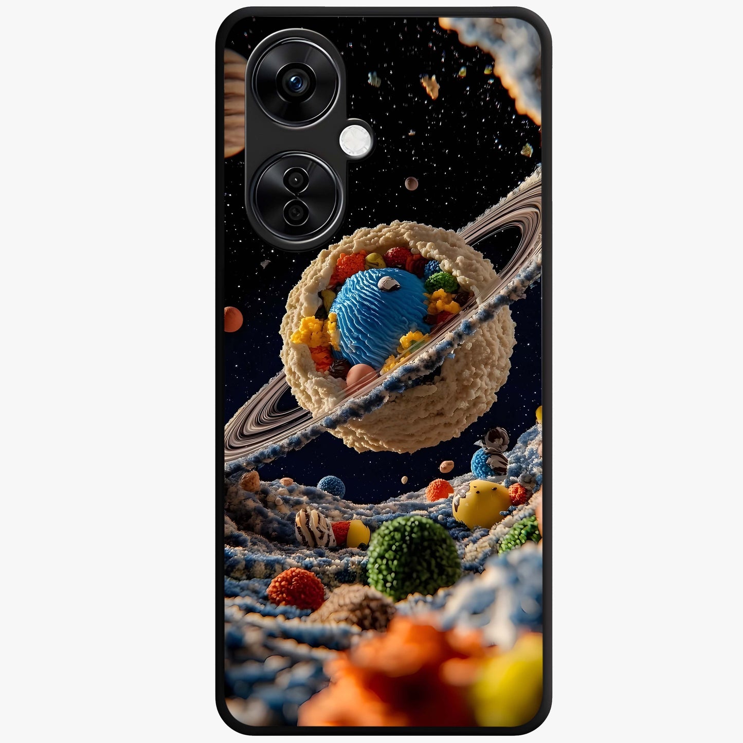 Galactic Dessert Dream Printed Glass Case for 1+Nord CE 3 Lite playful front view featuring dessert themed artwork with cosmic twist