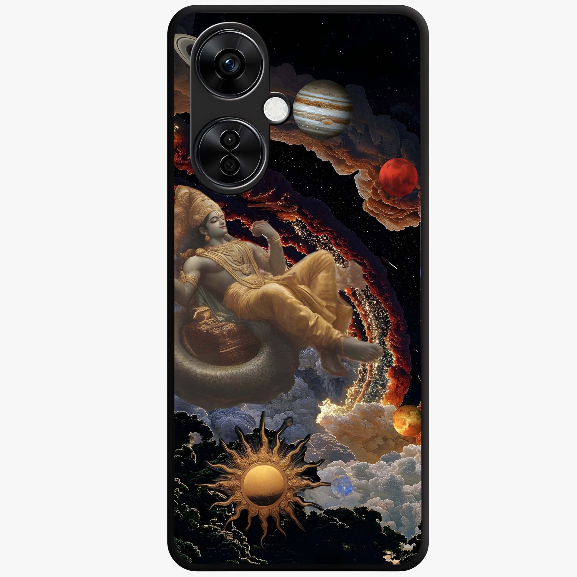 Galactic Divine God Glass Case for 1+Nord CE 3 Lite powerful front view featuring divine artwork blended with cosmic background