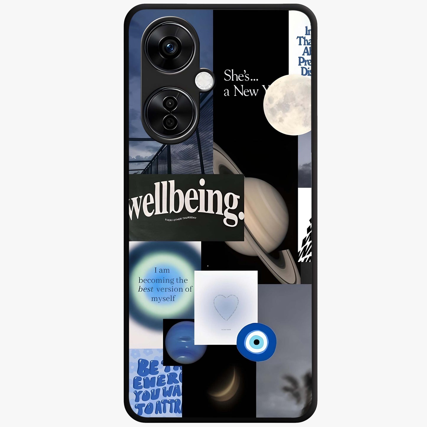 Galactic Energy Collage Glass Case for 1+Nord CE 3 Lite artistic front view featuring layered cosmic collage artwork