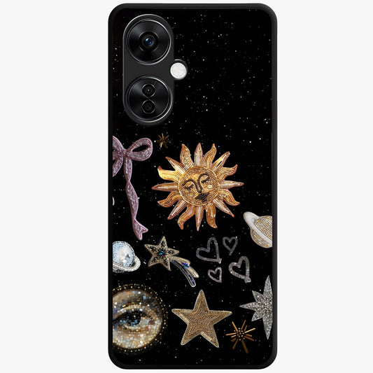 Galactic Sun Charm Glass Case for 1+Nord CE 3 Lite radiant front view featuring celestial sun artwork with cosmic accents