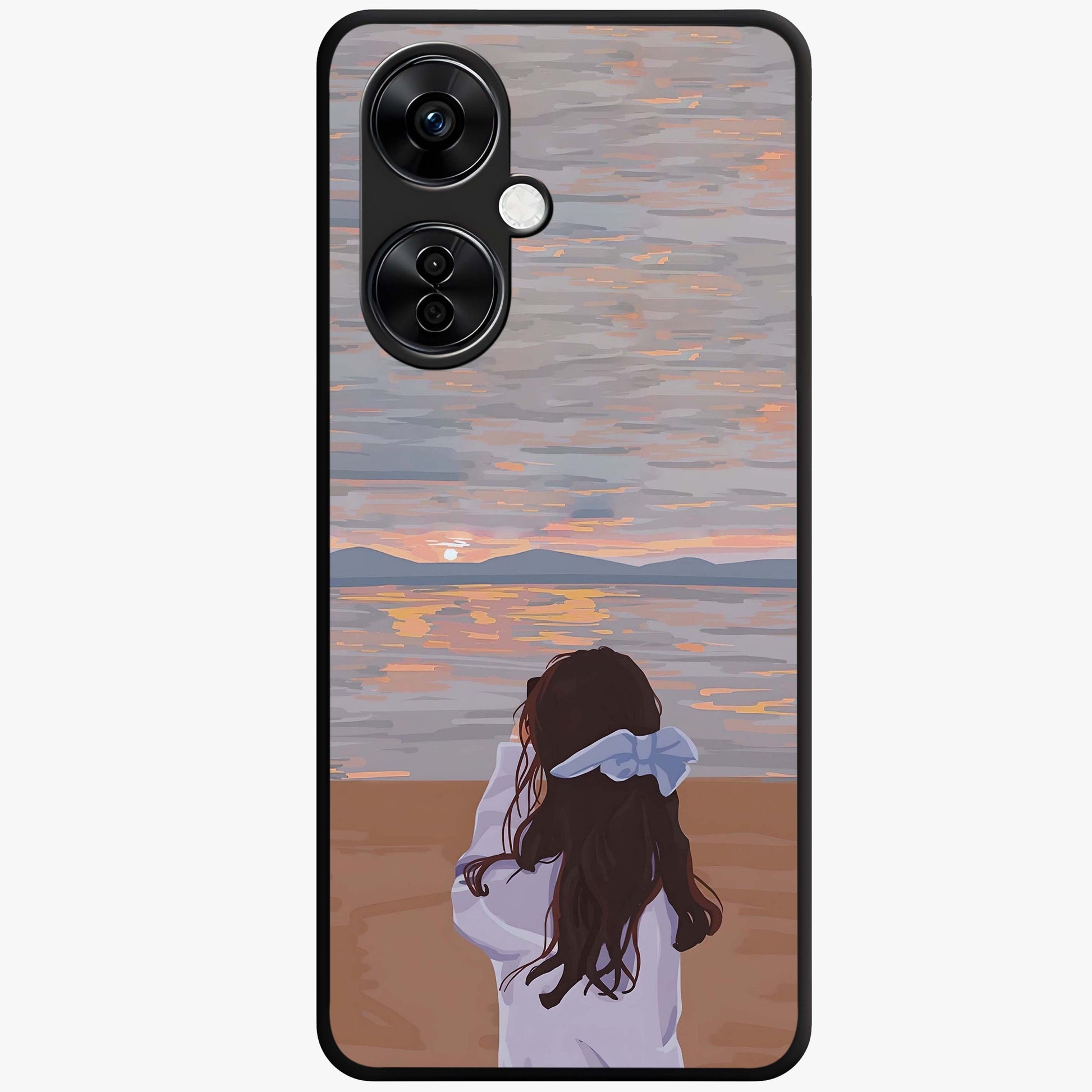 Girl Facing Sunset Beach Glass Case for 1+Nord CE 3 Lite scenic front view featuring silhouette artwork against glowing sunset sky