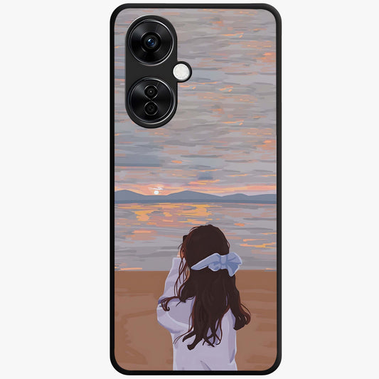 Girl Facing Sunset Beach Glass Case for 1+Nord Ce 3 Lite scenic front view featuring silhouette artwork against glowing sunset sky