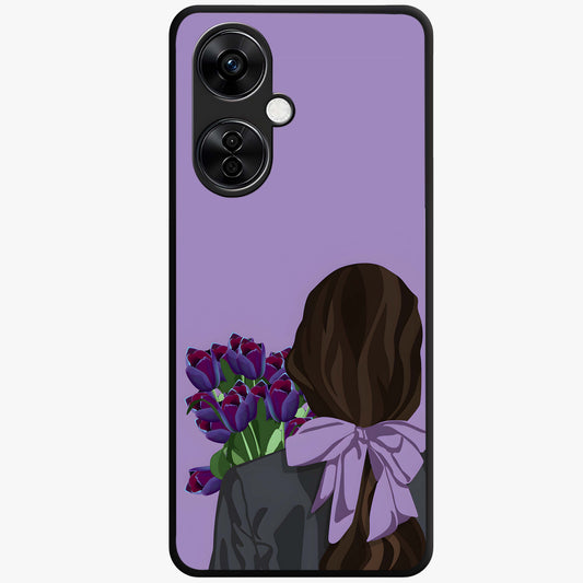 Girl Holding Flowers Glass Case for 1+Nord Ce 3 Lite aesthetic front view featuring soft illustrated character with floral bouquet