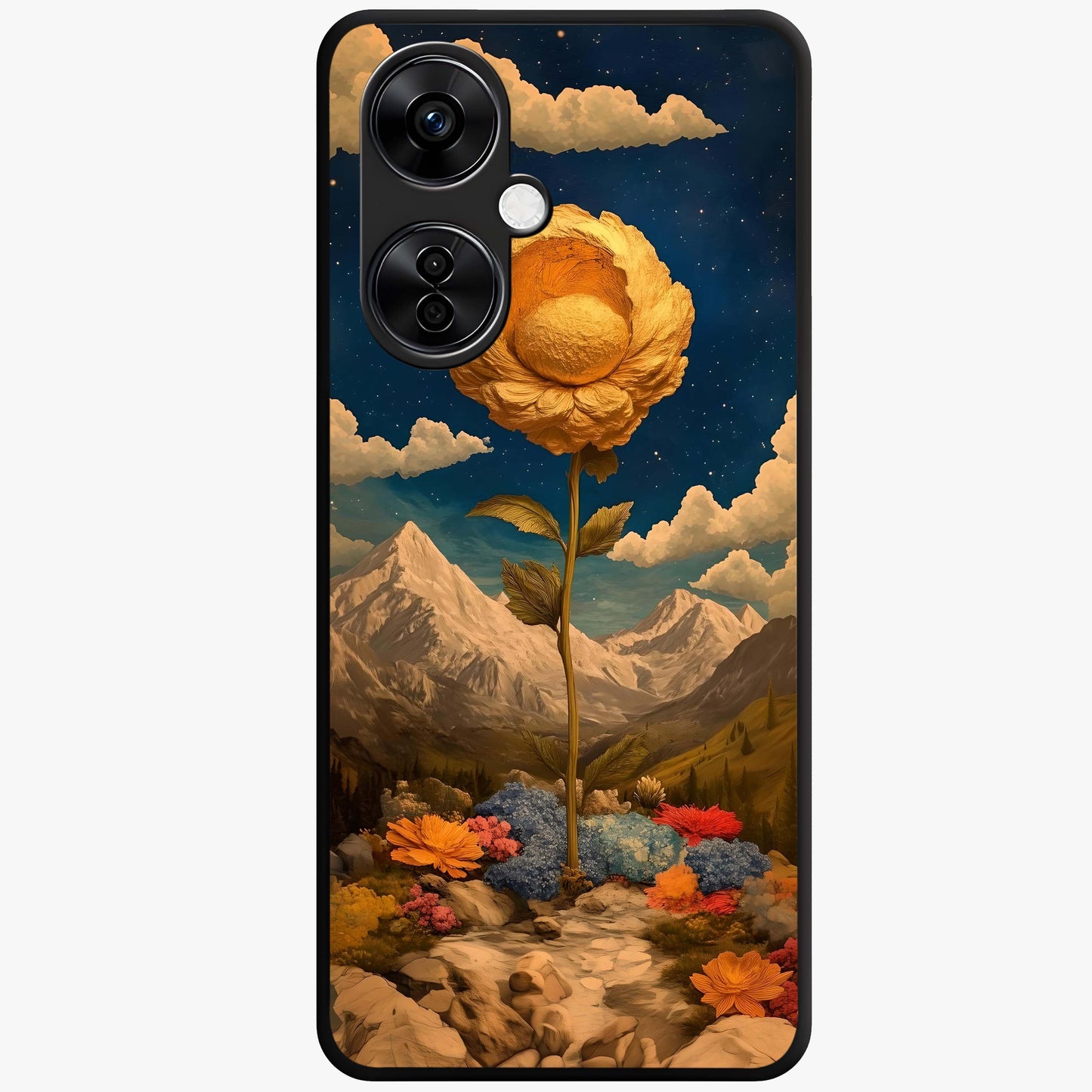 Golden Bloom Night Glass Case for 1+Nord CE 3 Lite elegant front view featuring glowing golden floral artwork on dark background