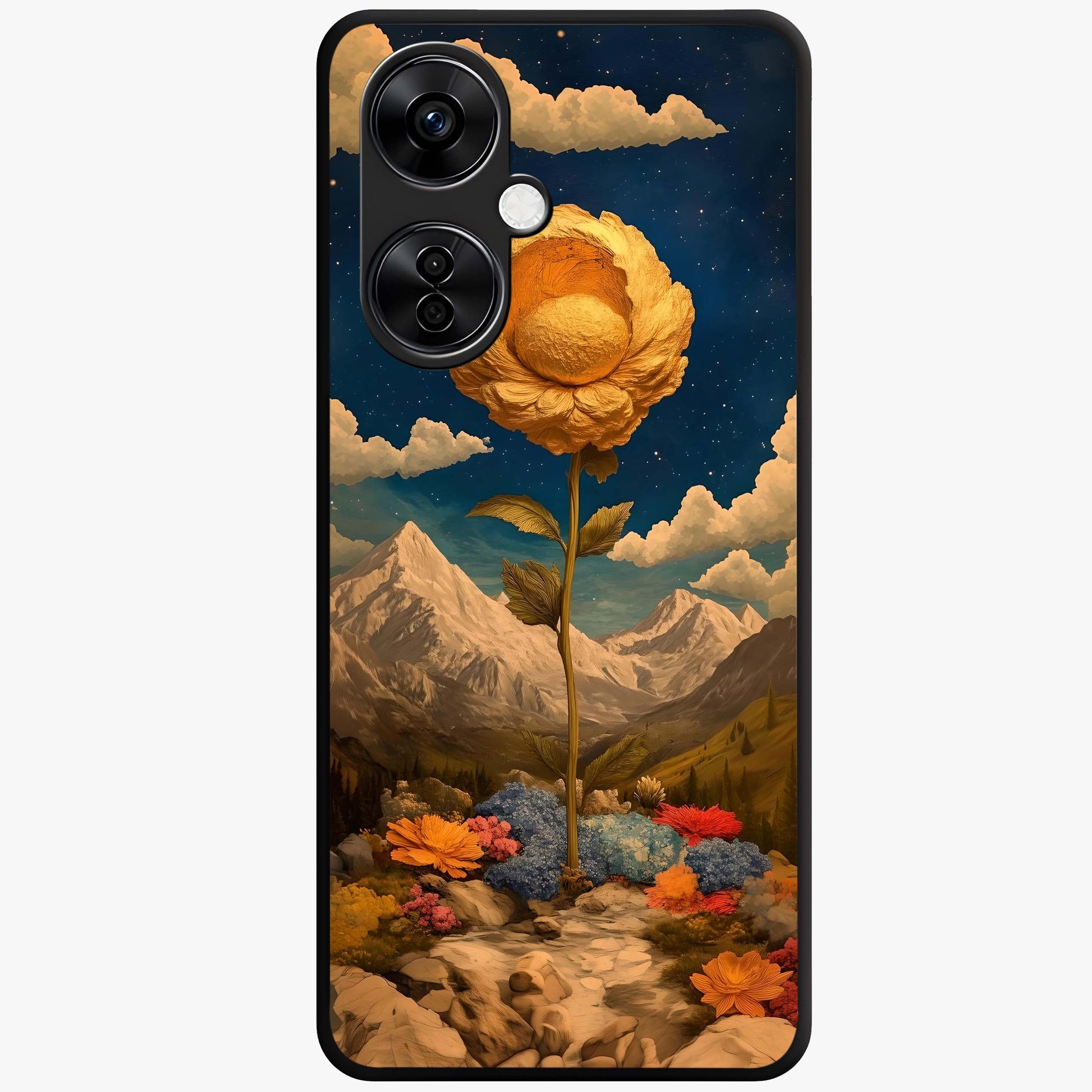 Golden Bloom Night Glass Case for 1+Nord CE 3 Lite elegant front view featuring glowing golden floral artwork on dark background