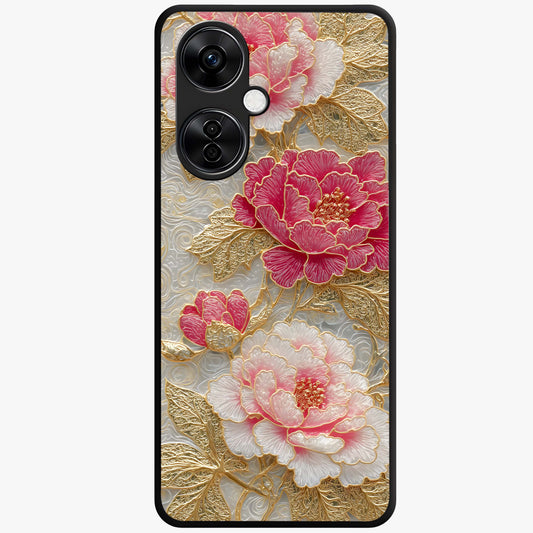 Golden Blossom Elegance Glass Case for 1+Nord CE 3 Lite graceful front view featuring refined golden floral artwork